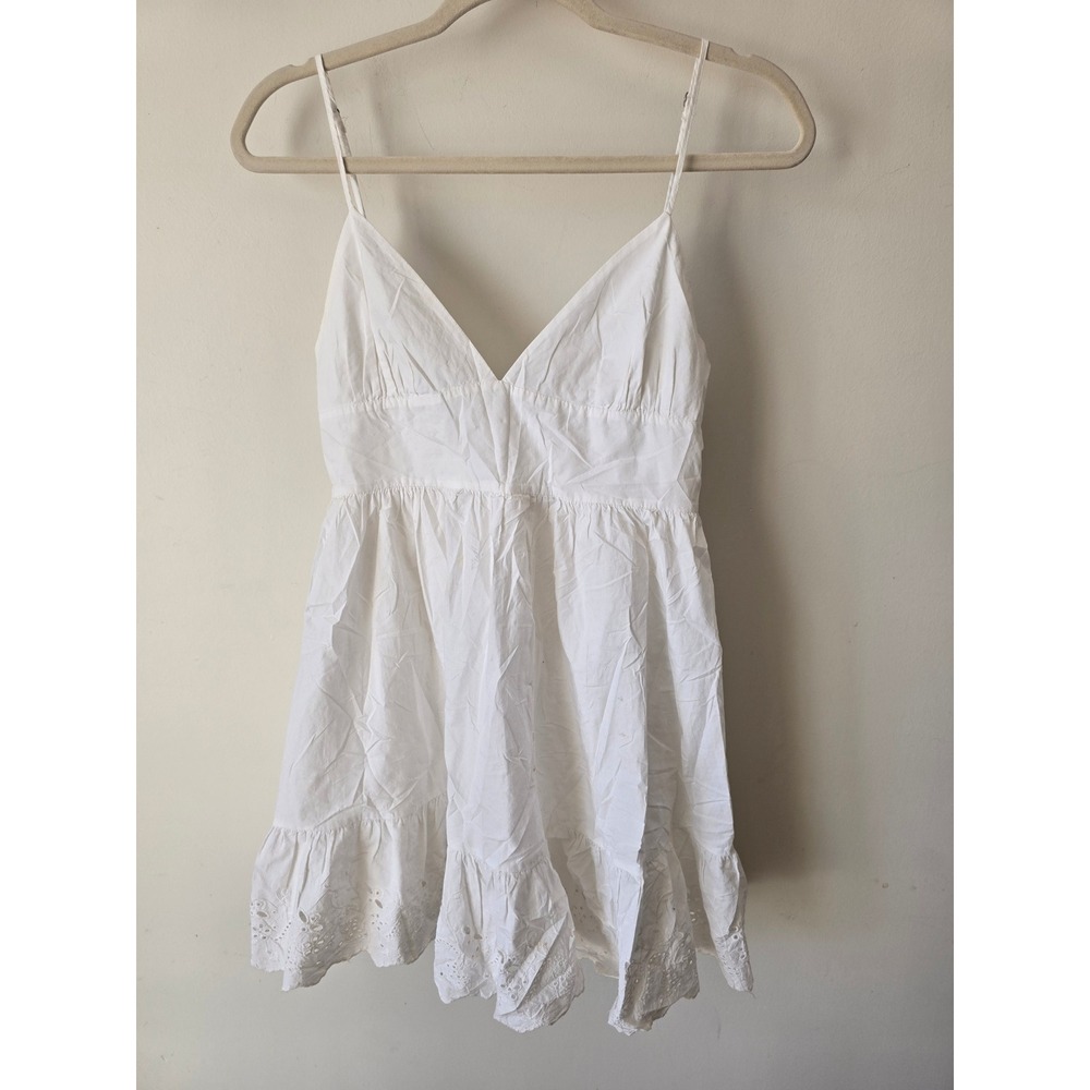 Zara White Eyelet Hem Mini Sundress Cotton V-Neck Spaghetti Strap Size M